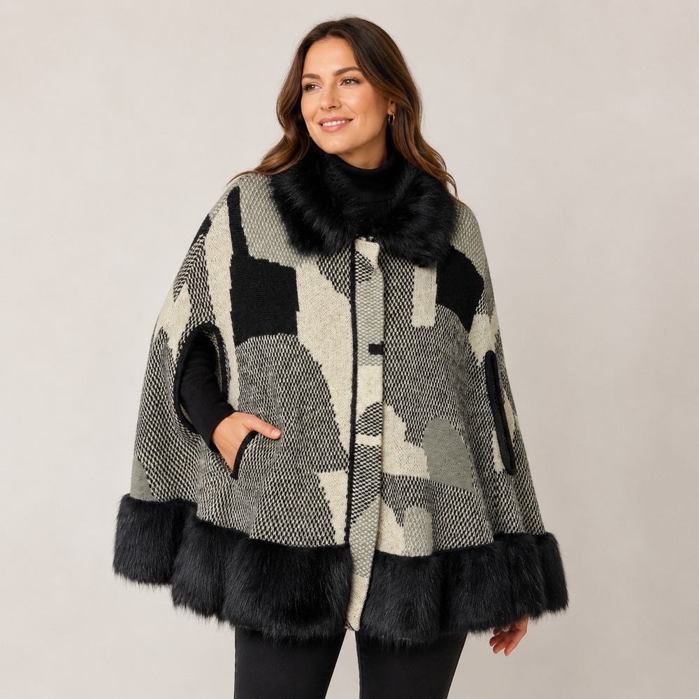 Cliche‎ Women's Black White Gray Geometric Patchwork Faux Fur Trim Cape L